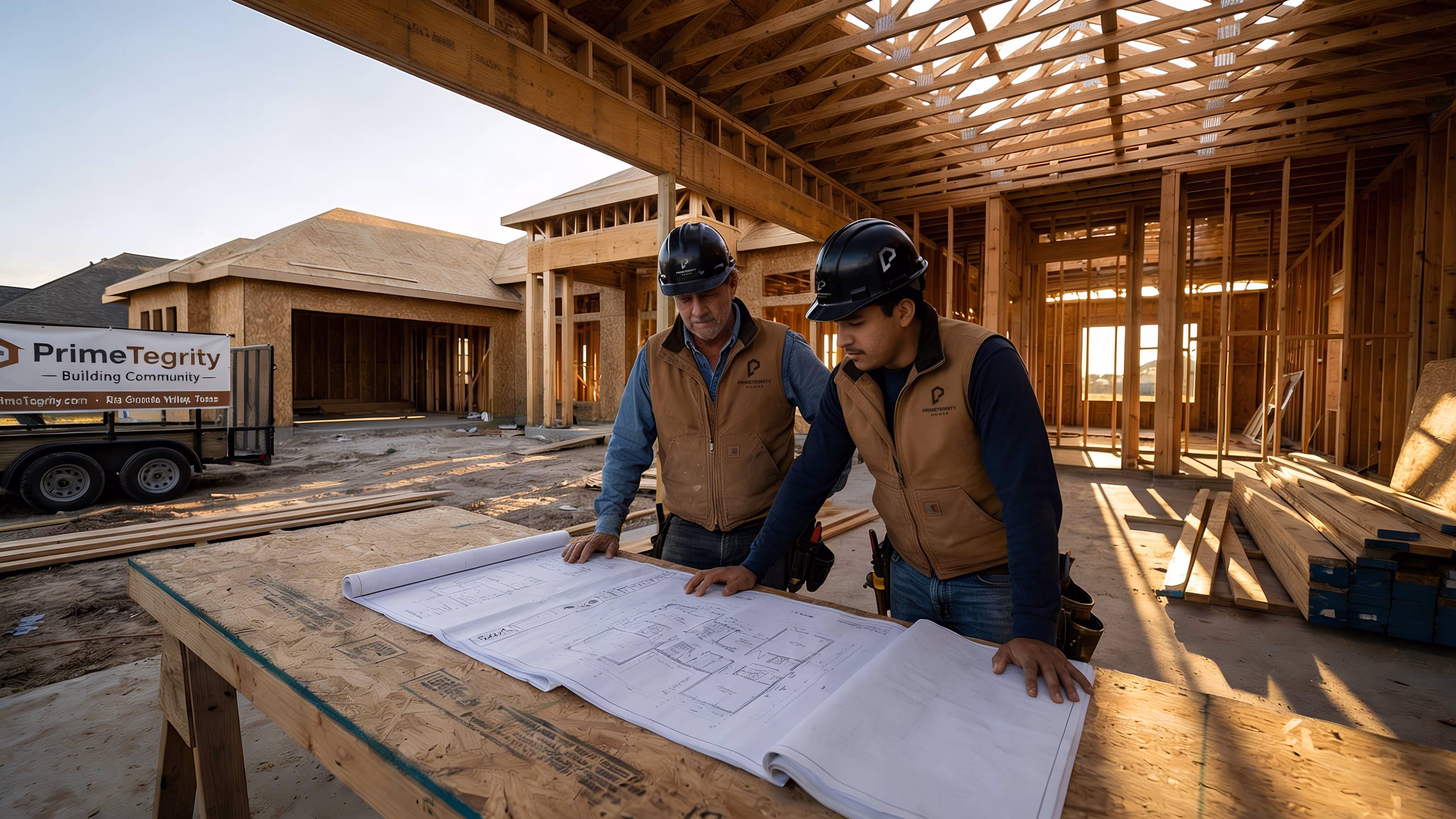 Lead builder and apprentice reviewing blueprints on site
